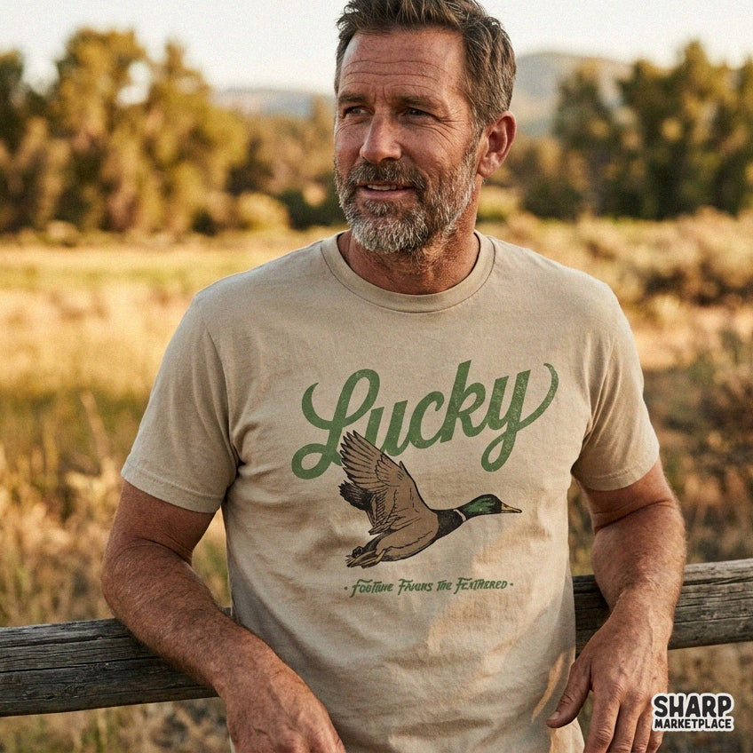 Vintage western flying mallard duck sublimation design with Lucky Fortune Favors The Feathered retro hunting PNG graphic