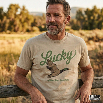 Vintage western flying mallard duck sublimation design with Lucky Fortune Favors The Feathered retro hunting PNG graphic