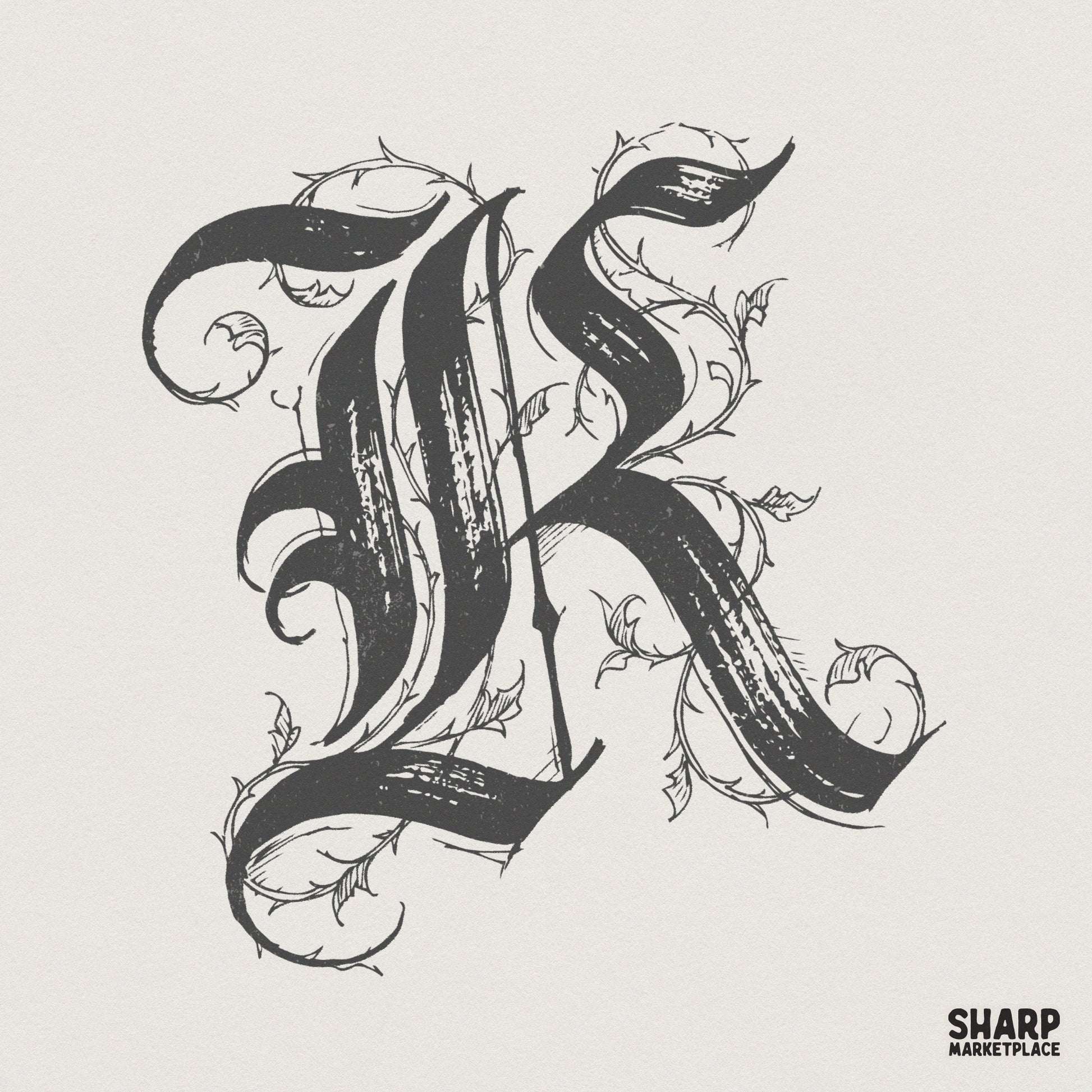 K Gothic Letter Floral Monogram, Vintage Ornate Initial Art - 300 DPI