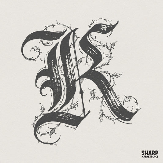 K Gothic Letter Floral Monogram, Vintage Ornate Initial Art - 300 DPI