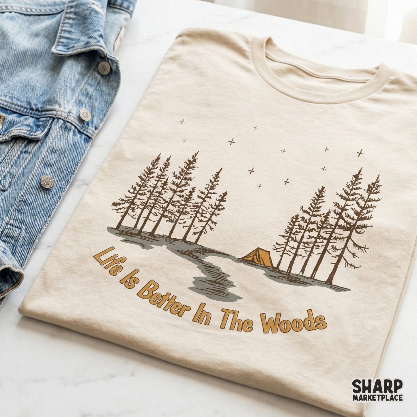 Life Is Better In The Woods retro stars camping PNG for hiking trail apparel and midnight sky sublimation designs