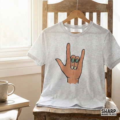 Digital illustration of an ASL hand gesture for love, featuring detailed rings with green stones, suitable for stickers, tumblers, and printable wall art.