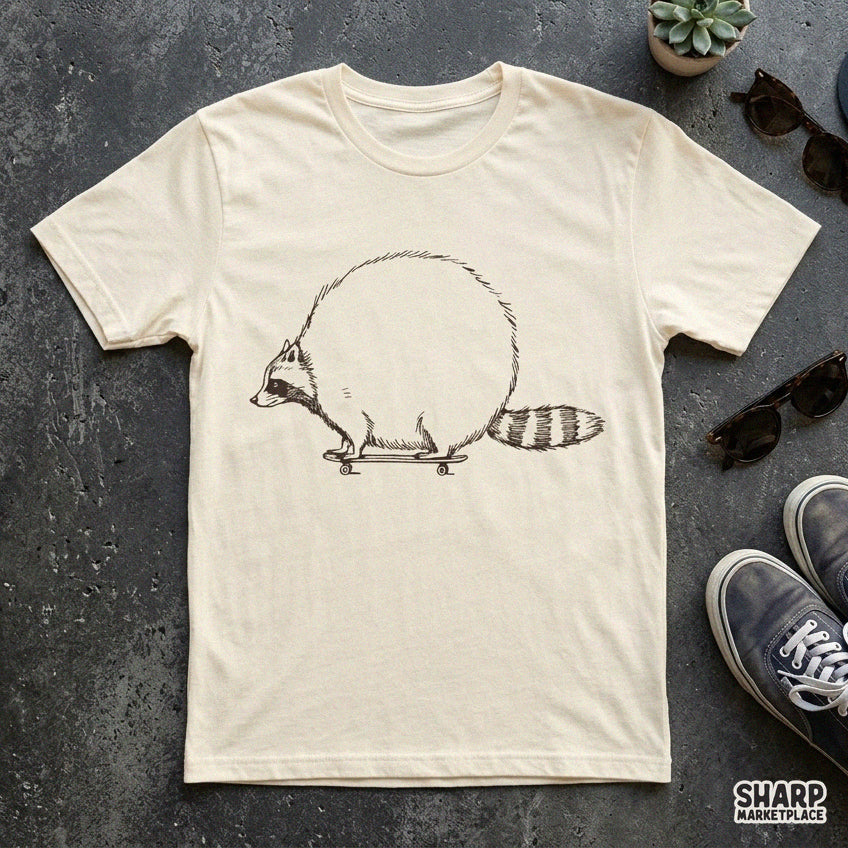 Round Chubby Raccoon on Skateboard Sketch Trendy PNG Shirt