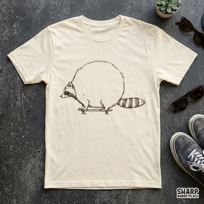 Round Chubby Raccoon on Skateboard Sketch Trendy PNG Shirt