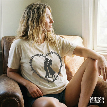 Cowboy Couple Barbed Wire Heart PNG, Western Romance Print - 300 DPI