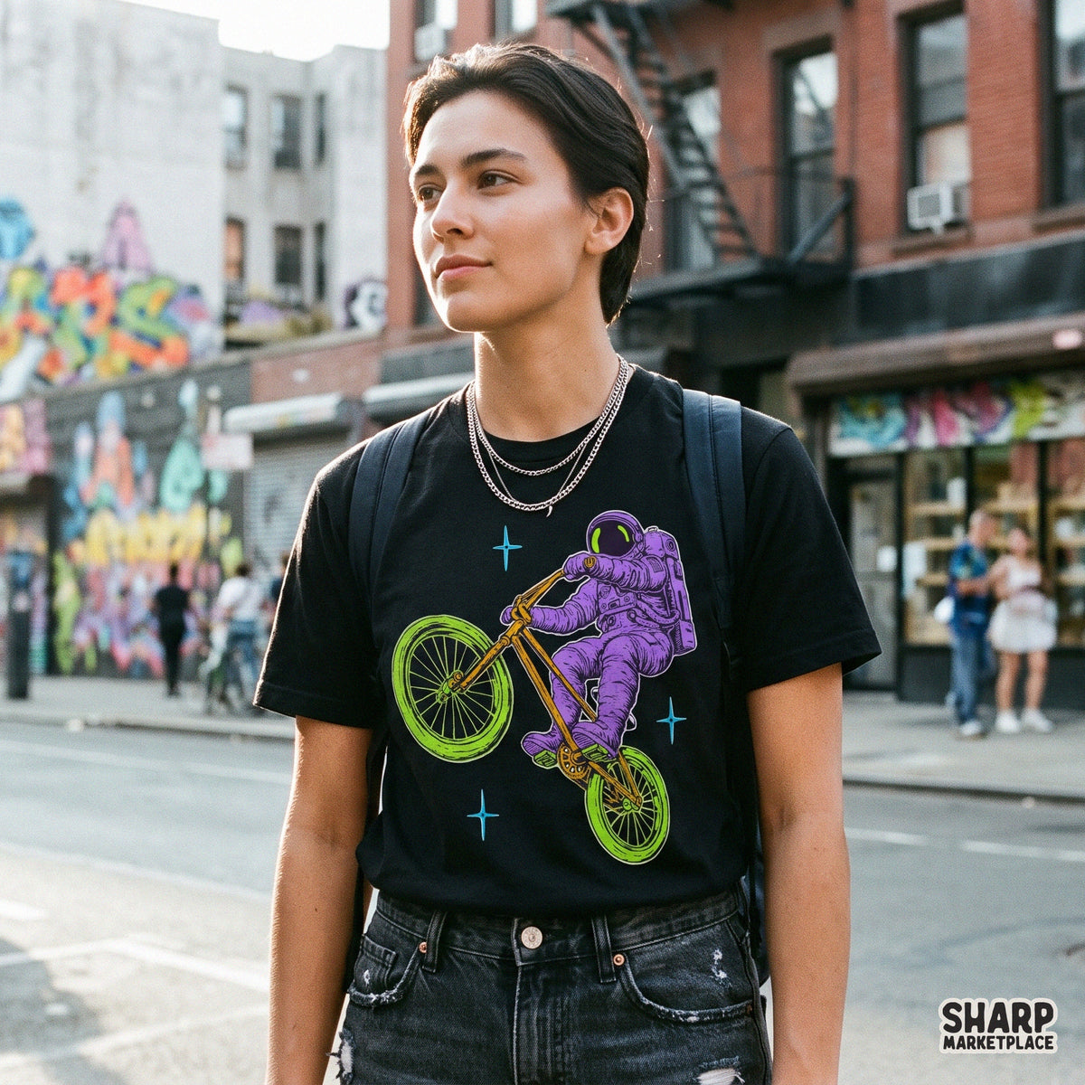 Retro neon astronaut riding a chopper bicycle in outer space, trendy cosmic graphic tee sublimation PNG design for t-shirts