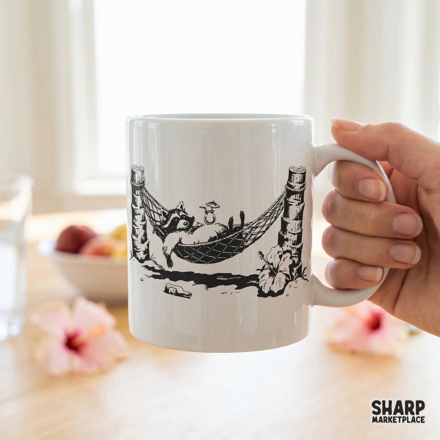 Funny sleeping raccoon in a tropical hammock for a summer beach shirt design