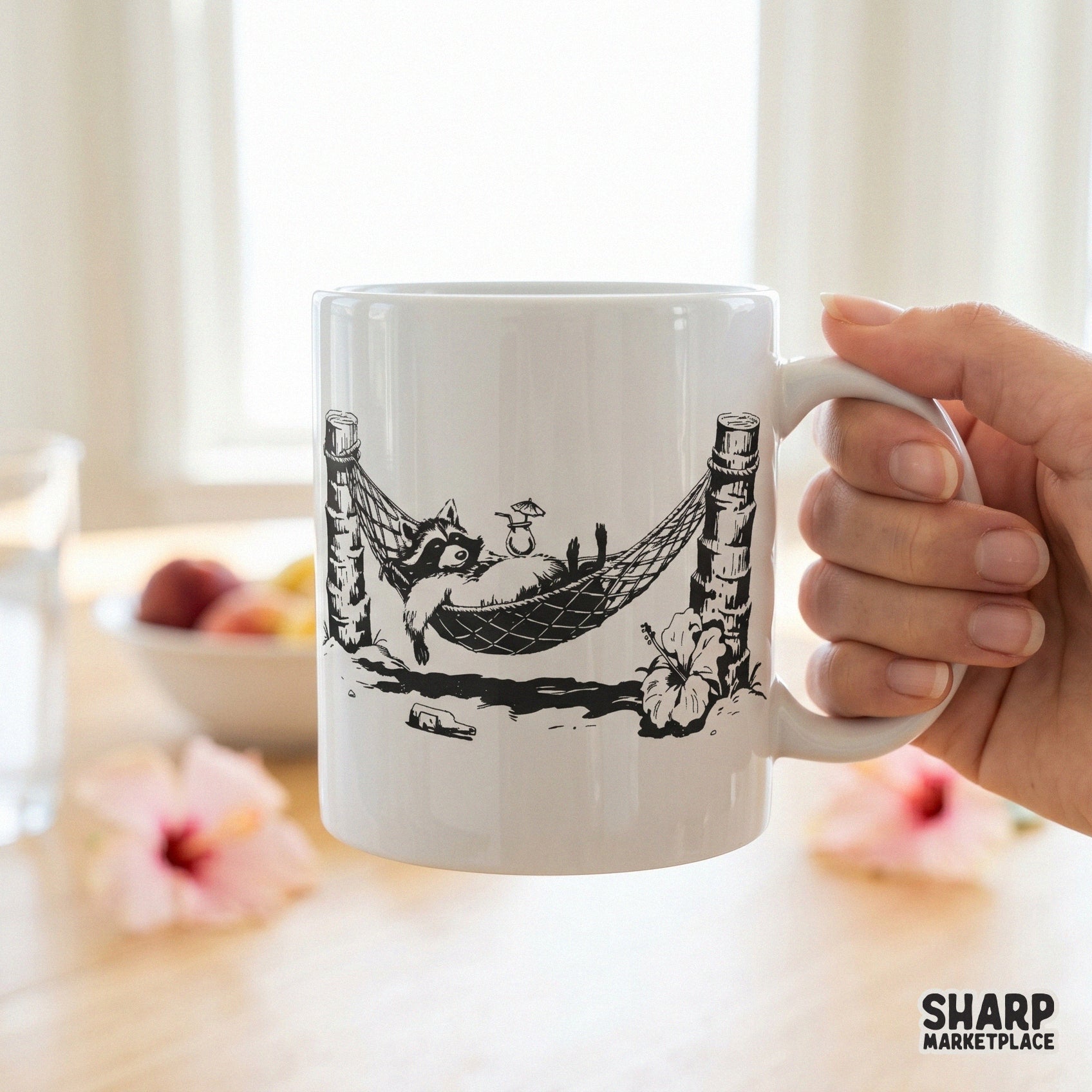 Funny sleeping raccoon in a tropical hammock for a summer beach shirt design