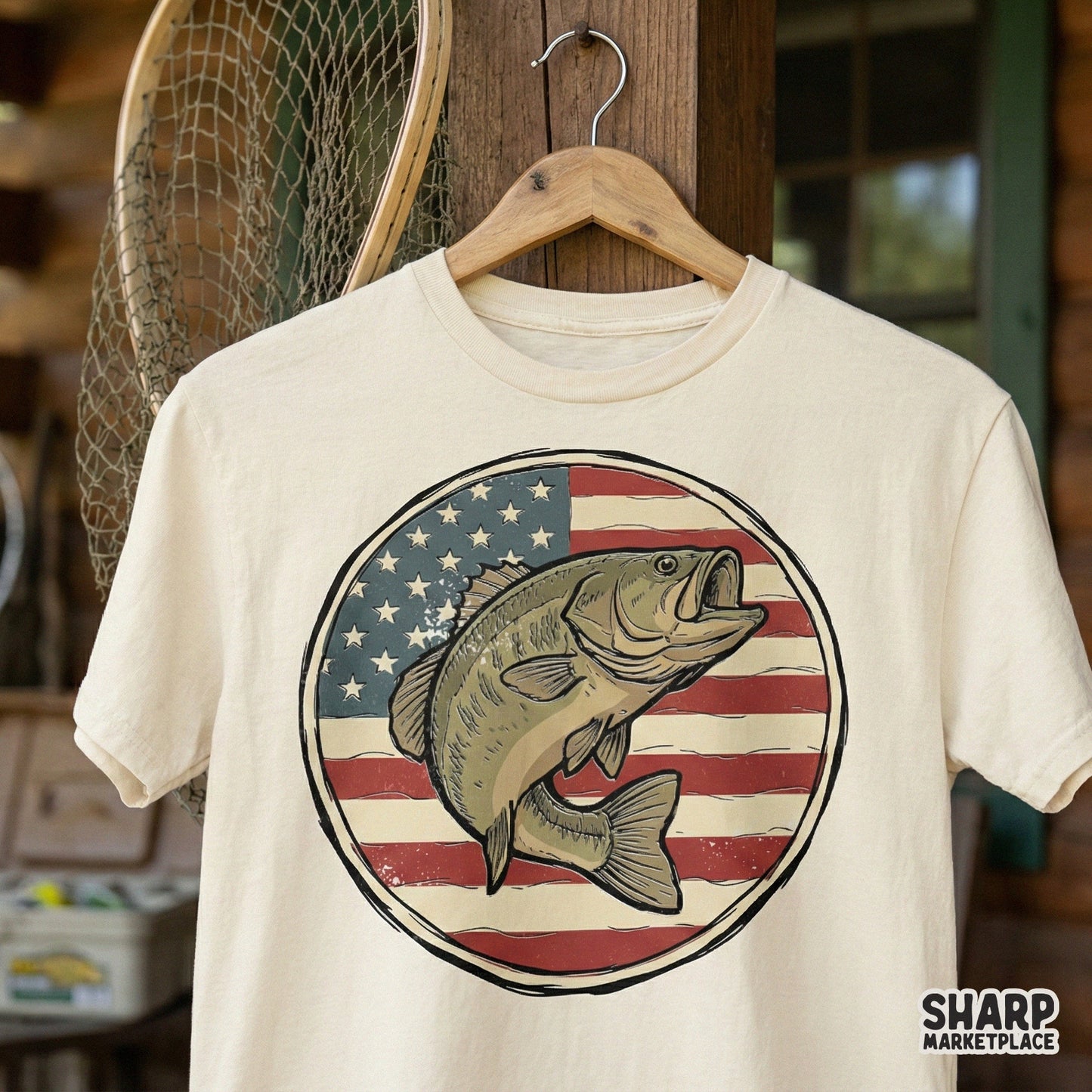 Hand-drawn largemouth bass with a patriotic flag motif, high-resolution digital art for print-on-demand fishing apparel and outdoor-themed wall decor.