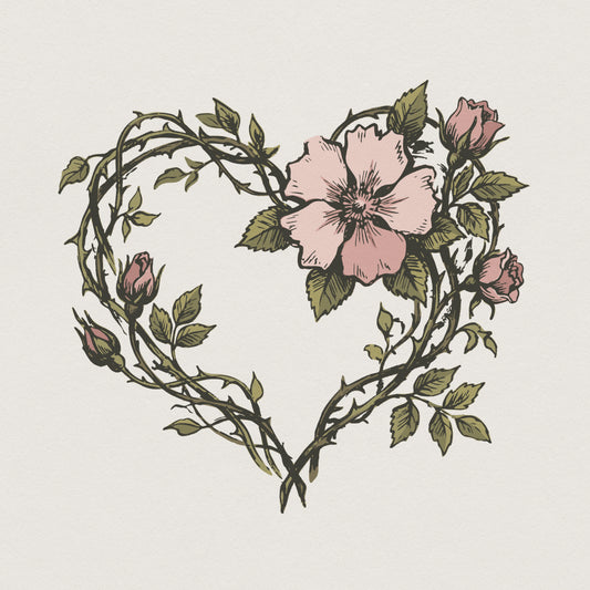 Vintage botanical heart illustration featuring a blush pink wild rose, thorny vines, and green leaves, perfect for romantic apparel and wall art.