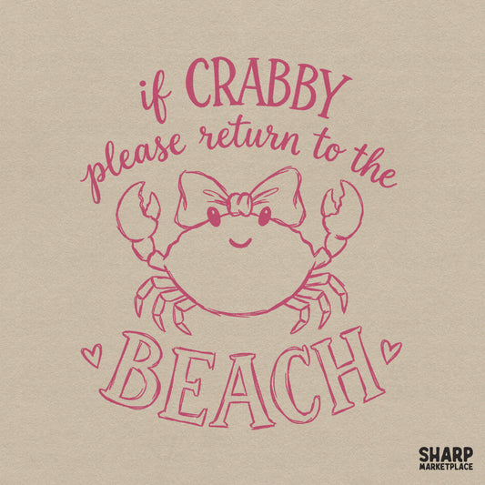 Cute pink hand-drawn crab with a bow and the text If Crabby Please Return To The Beach in a retro style for summer apparel and sublimation.
