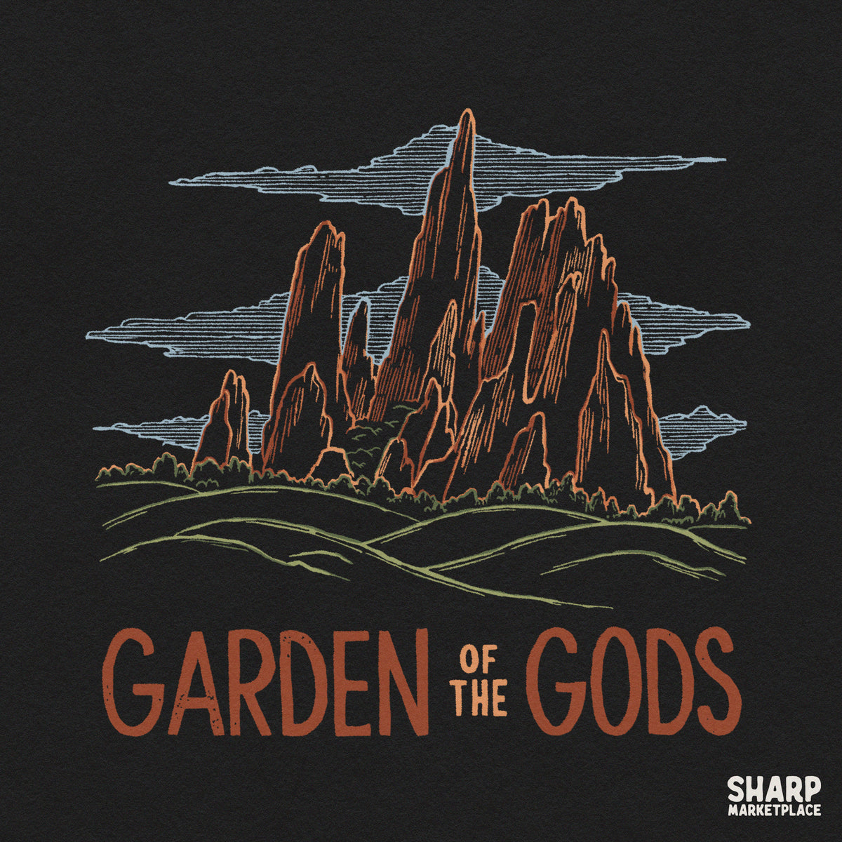 Dark line art Garden of the Gods Colorado mountain landscape graphic for western retro shirt sublimation PNG design