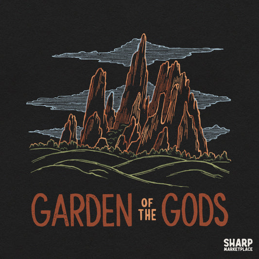 Dark line art Garden of the Gods Colorado mountain landscape graphic for western retro shirt sublimation PNG design