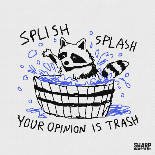 Hand-drawn raccoon sitting in a wooden wash tub with blue water splashes and bubbles, featuring the text Splish Splash Your Opinion Is Trash.