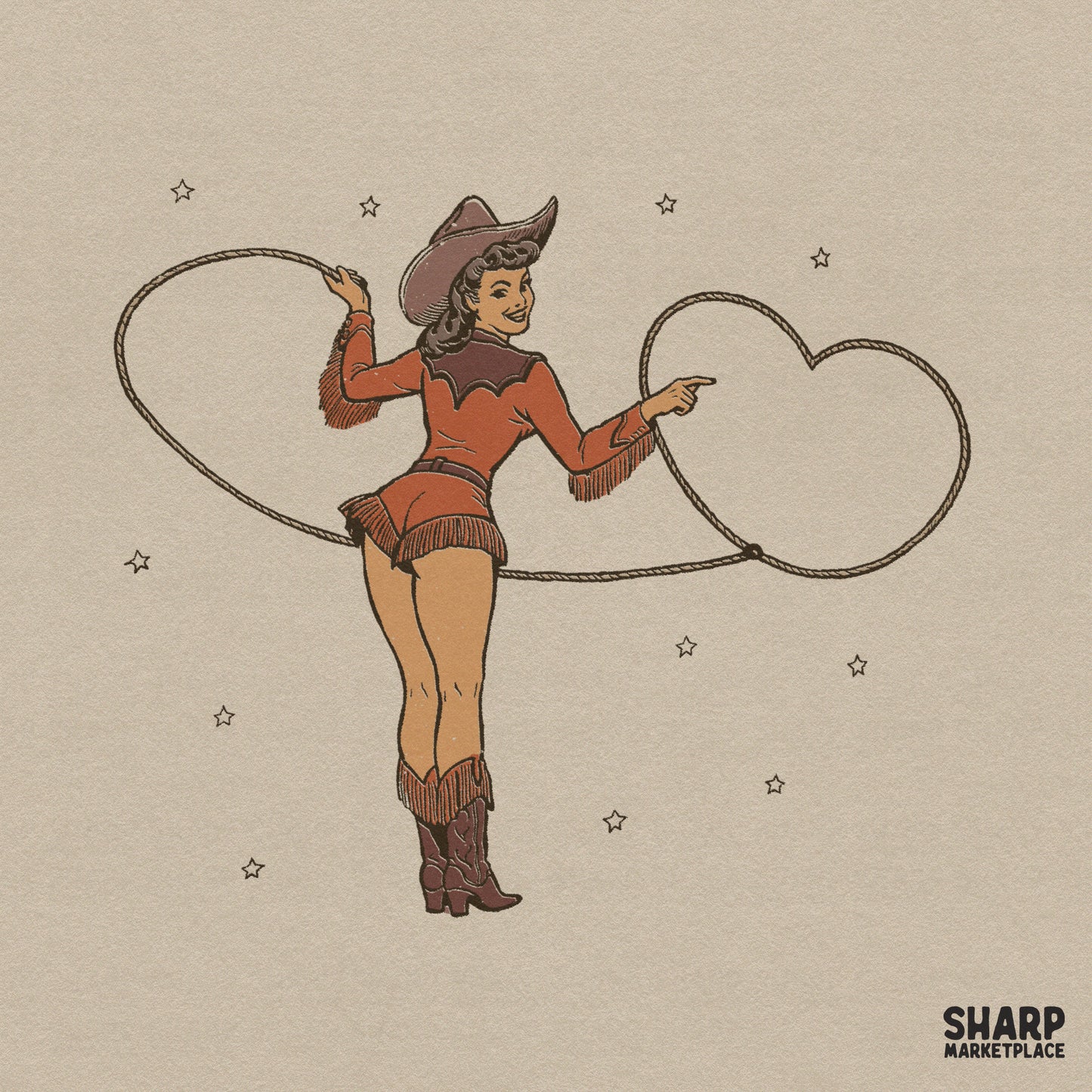 Vintage pinup cowgirl throwing a heart rope lasso in a retro western style Valentine's Day sublimation PNG graphic