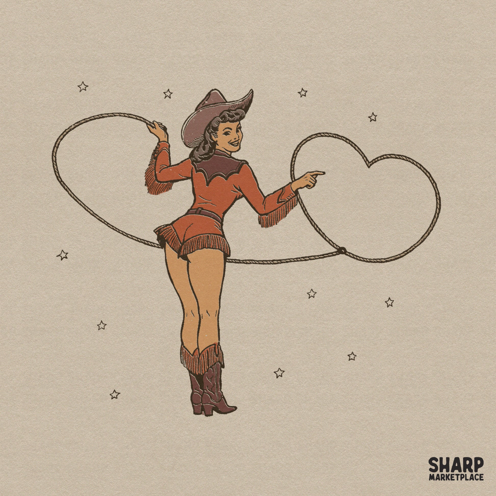Vintage pinup cowgirl throwing a heart rope lasso in a retro western style Valentine's Day sublimation PNG graphic