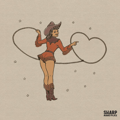 Vintage pinup cowgirl throwing a heart rope lasso in a retro western style Valentine's Day sublimation PNG graphic