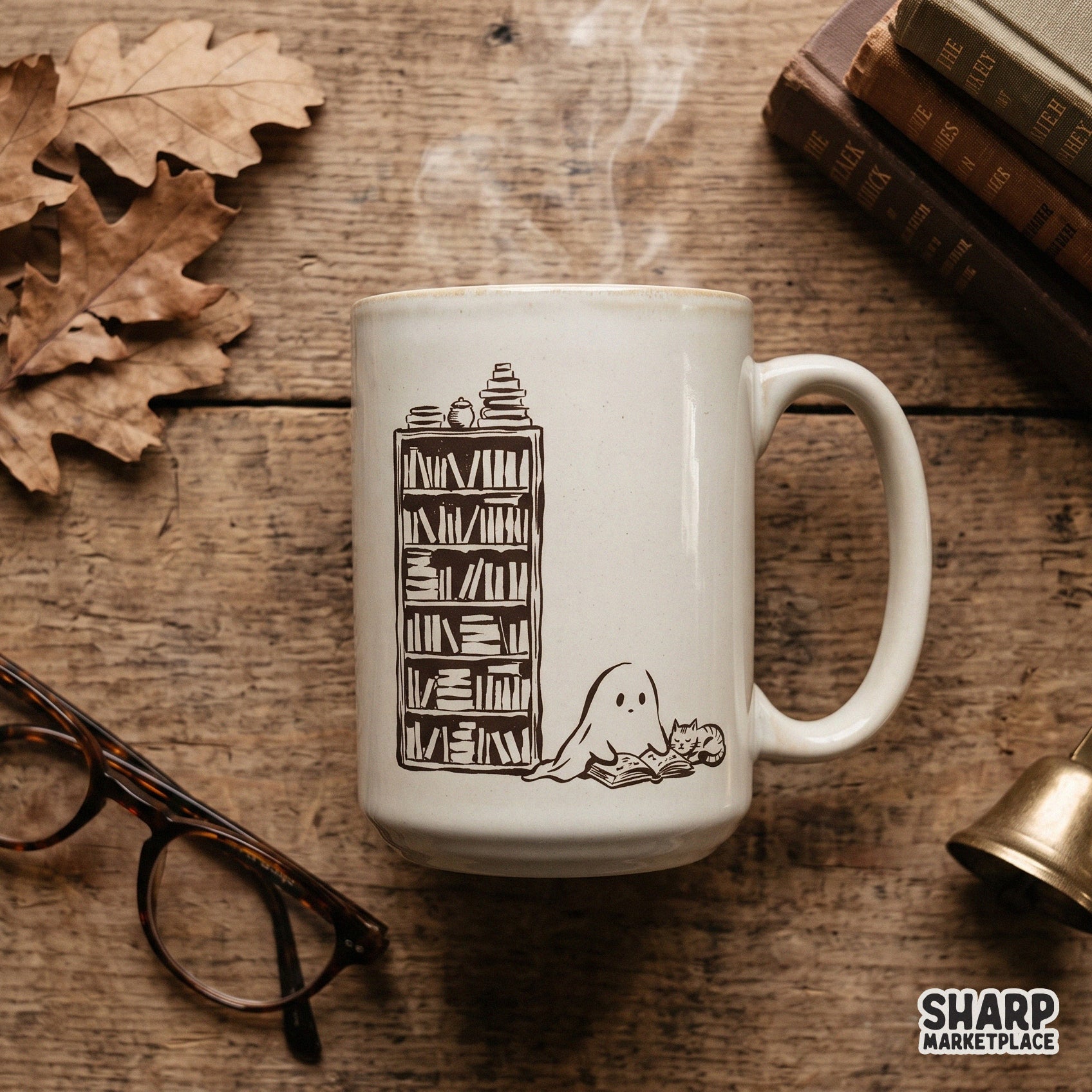 Cute ghost reading a book by a bookshelf with a library cat in a cozy spooky season fall art style retro PNG design