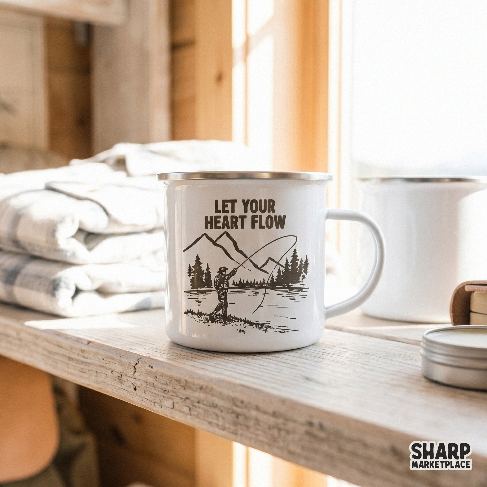 Monochromatic mountain and lake scene with a fishing theme, ideal for high-quality print-on-demand projects and rustic wall art.