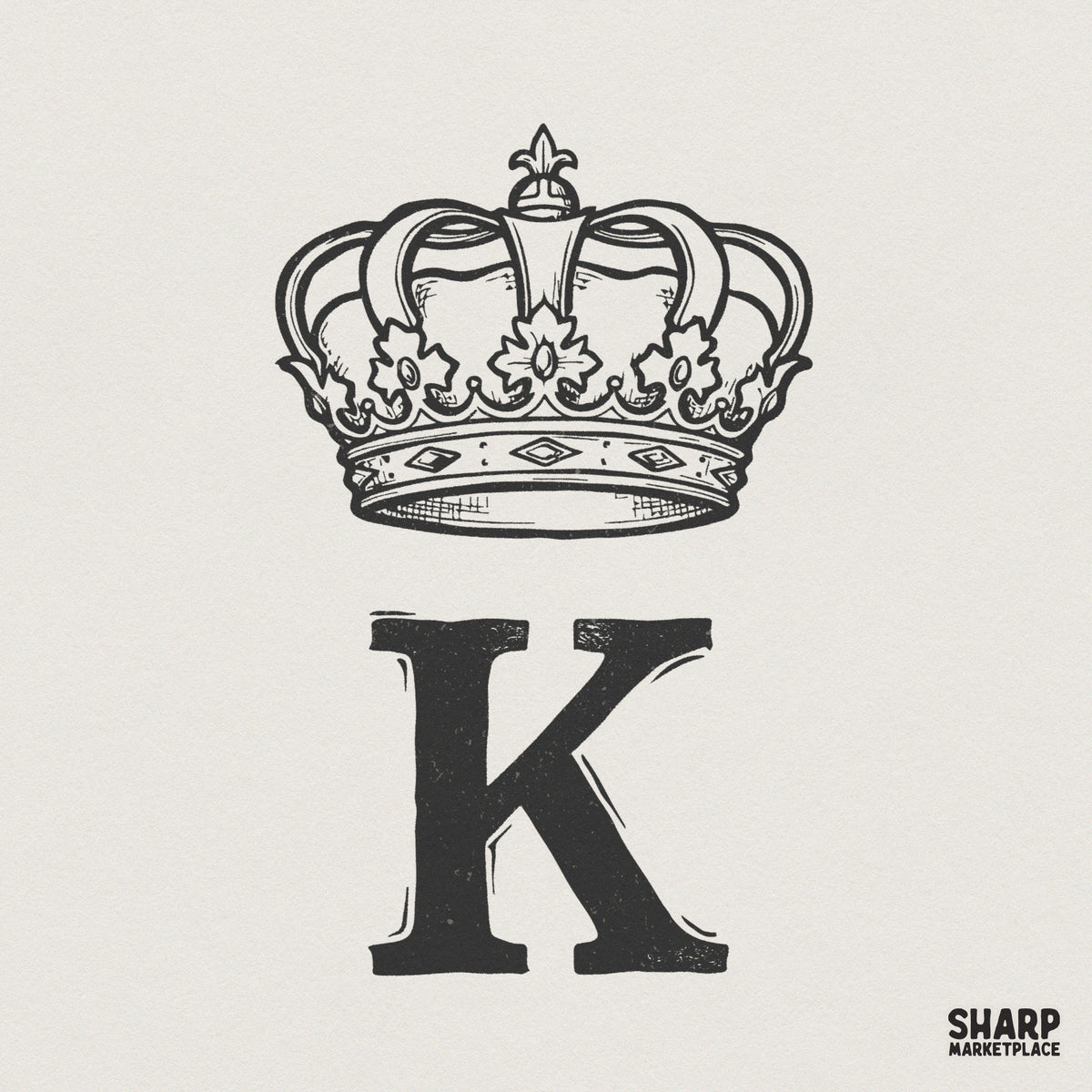Vintage style letter K monogram with a detailed hand-drawn crown, featuring charcoal black line art perfect for custom apparel and sublimation projects.