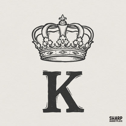 Vintage style letter K monogram with a detailed hand-drawn crown, featuring charcoal black line art perfect for custom apparel and sublimation projects.