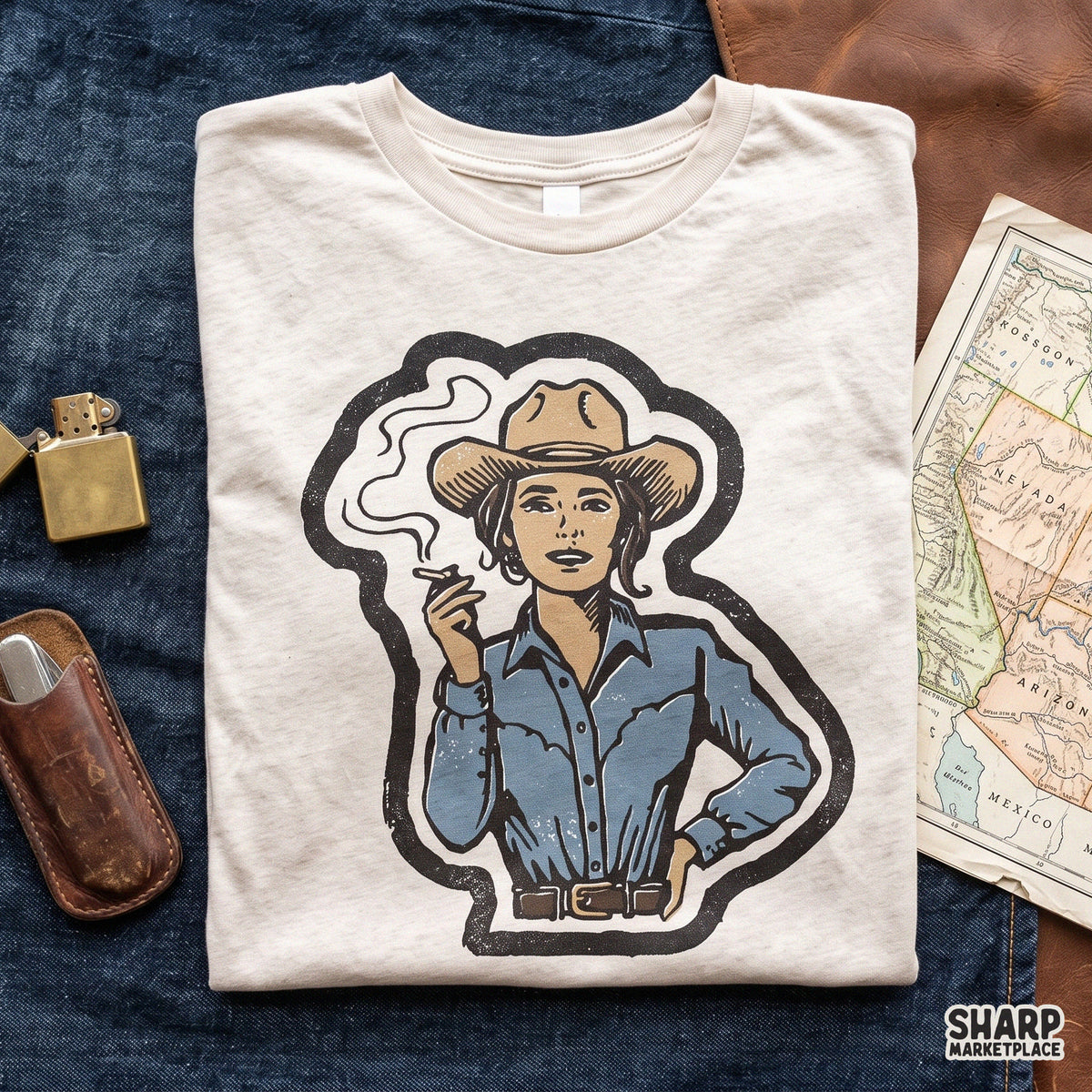 Vintage badass smoking cowgirl illustration digital PNG graphic for retro western t-shirt designs and country apparel