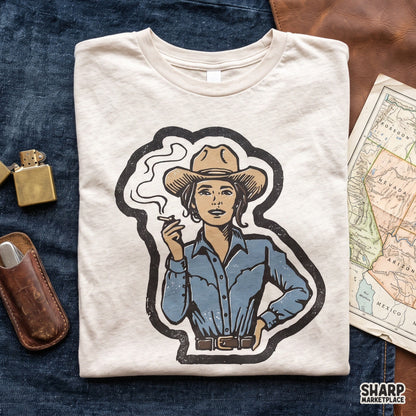 Vintage badass smoking cowgirl illustration digital PNG graphic for retro western t-shirt designs and country apparel