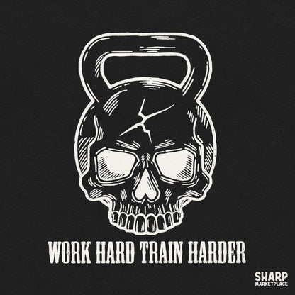 Funny Work Hard Train Harder skeleton skull sublimation PNG design for gym t-shirts and fitness gear