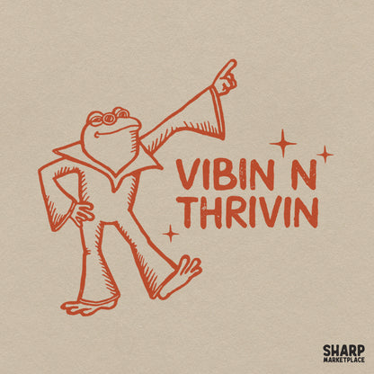 Groovy retro 70s disco frog shirt design with Vibin N Thrivin quote for t-shirt sublimation projects