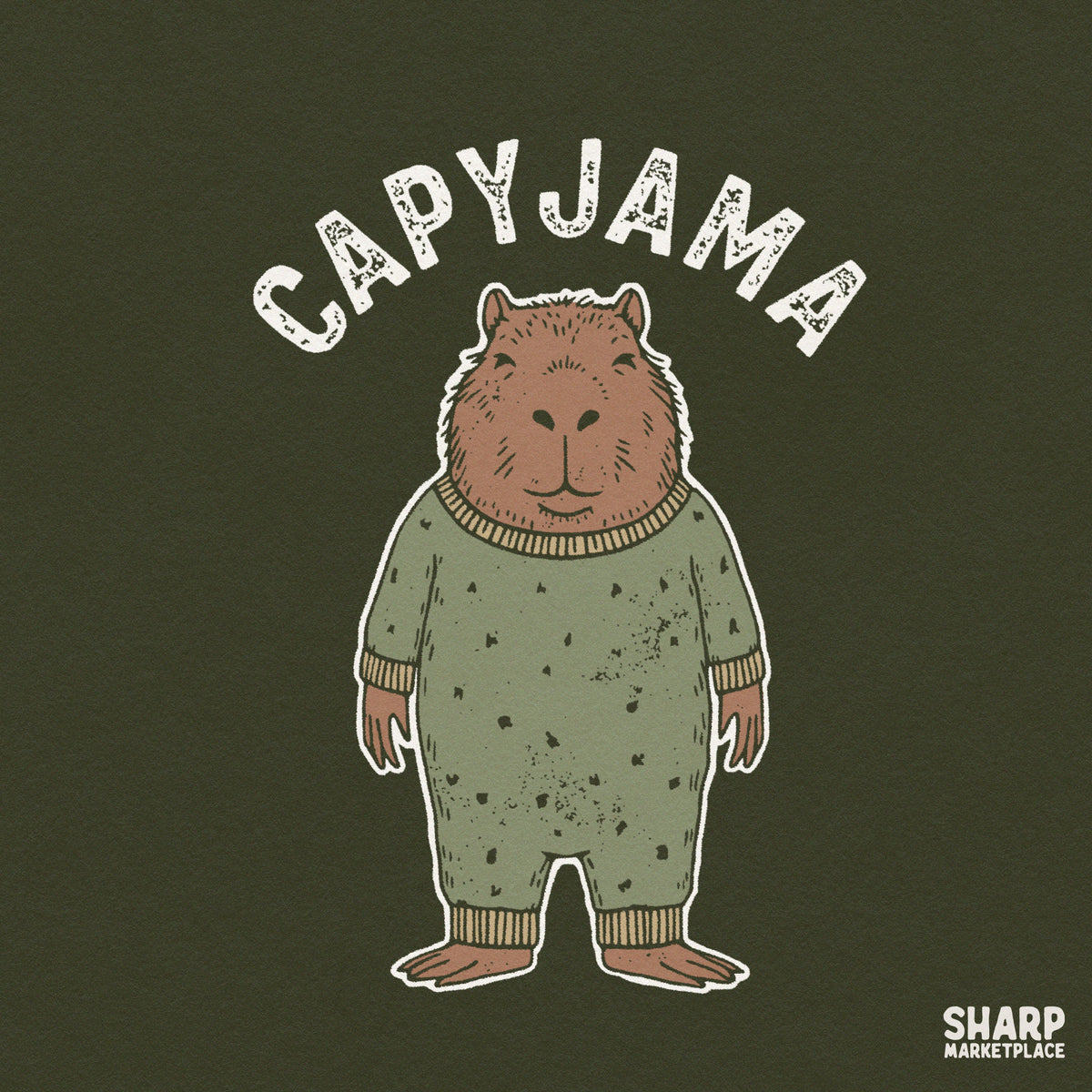 Cute capybara wearing green pajamas illustration, funny retro animal PNG design ideal for nightwear shirts and sublimation