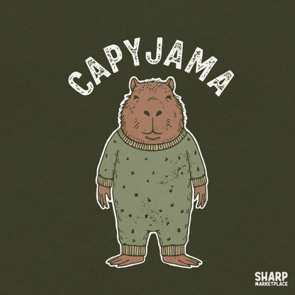 Cute capybara wearing green pajamas illustration, funny retro animal PNG design ideal for nightwear shirts and sublimation