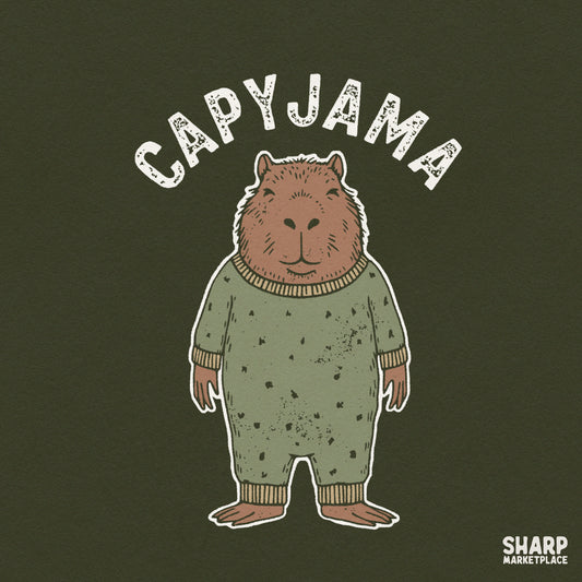Cute capybara wearing green pajamas illustration, funny retro animal PNG design ideal for nightwear shirts and sublimation