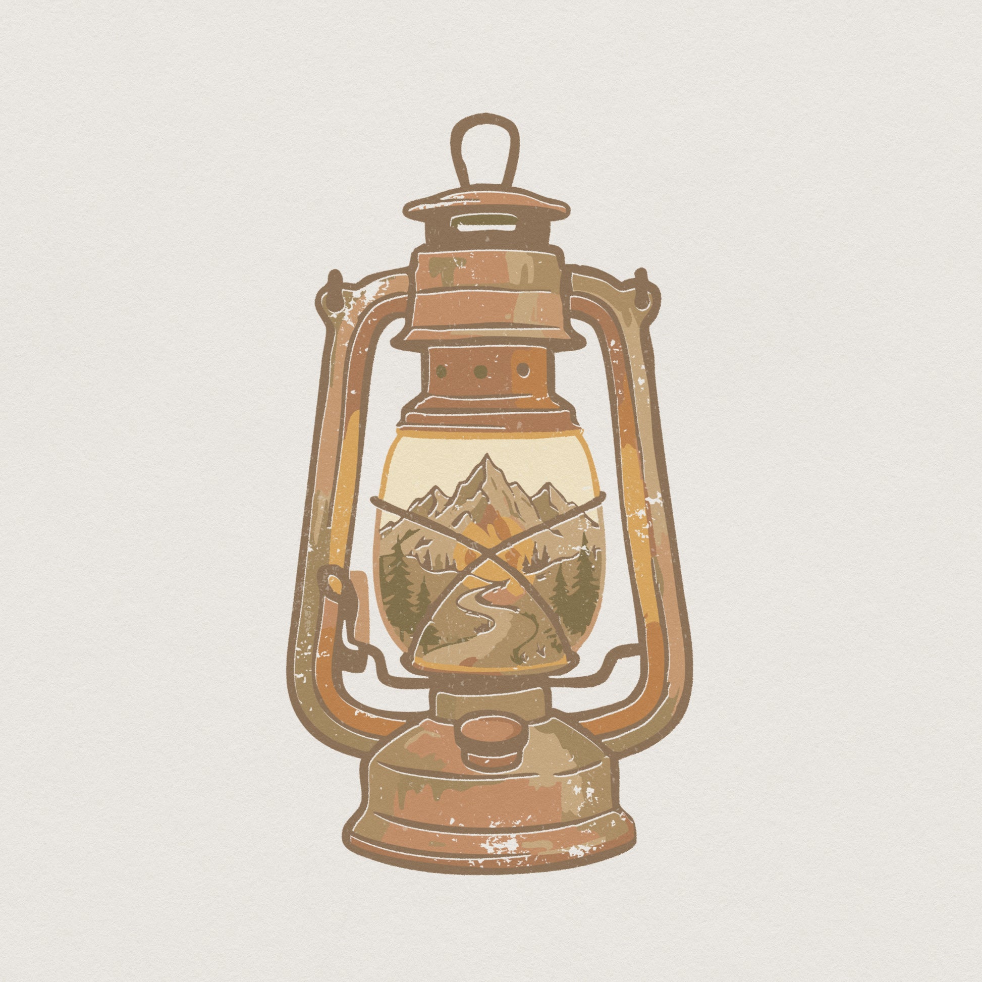 Vintage lantern PNG with a rustic mountain landscape inside the glass, featuring a winding path, evergreen trees, and distressed orange and olive tones.