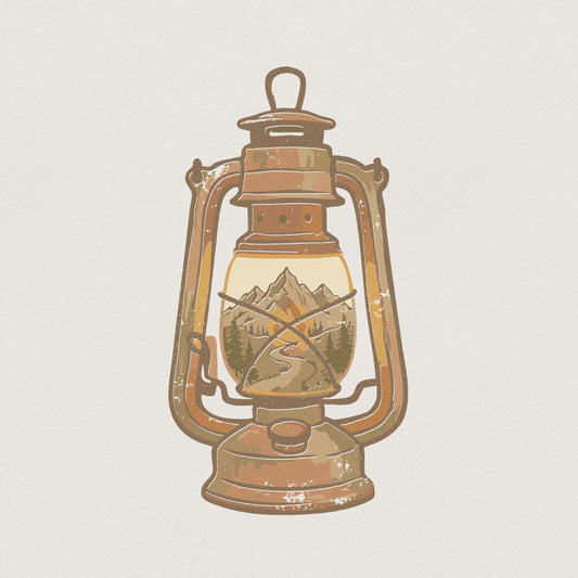 Vintage lantern PNG with a rustic mountain landscape inside the glass, featuring a winding path, evergreen trees, and distressed orange and olive tones.