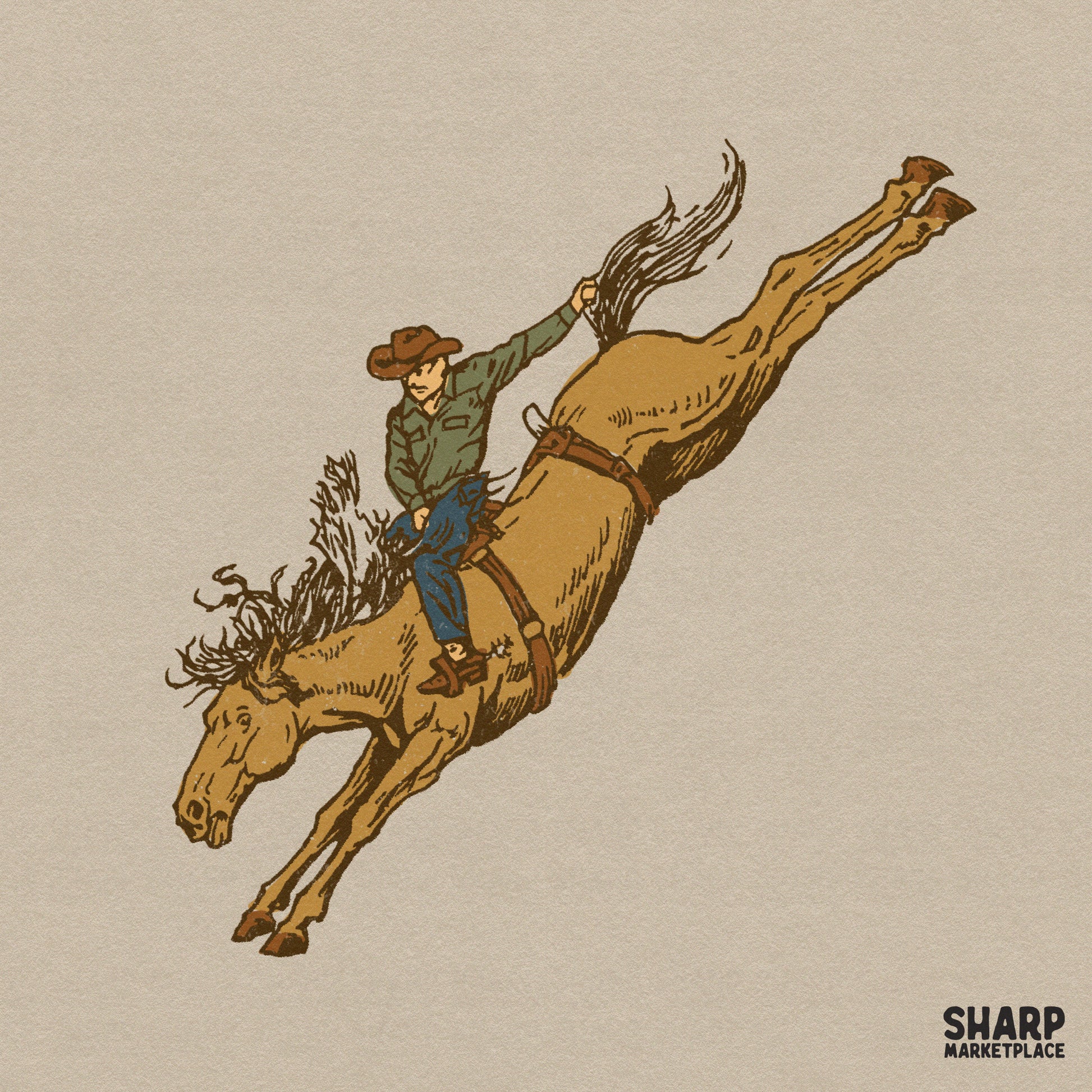 Vintage cowboy riding a bucking bronco western PNG for trendy rodeo graphic tees and country music apparel design