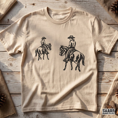 Two cowboys riding horses on a trail linocut PNG graphic for western t-shirt sublimation designs