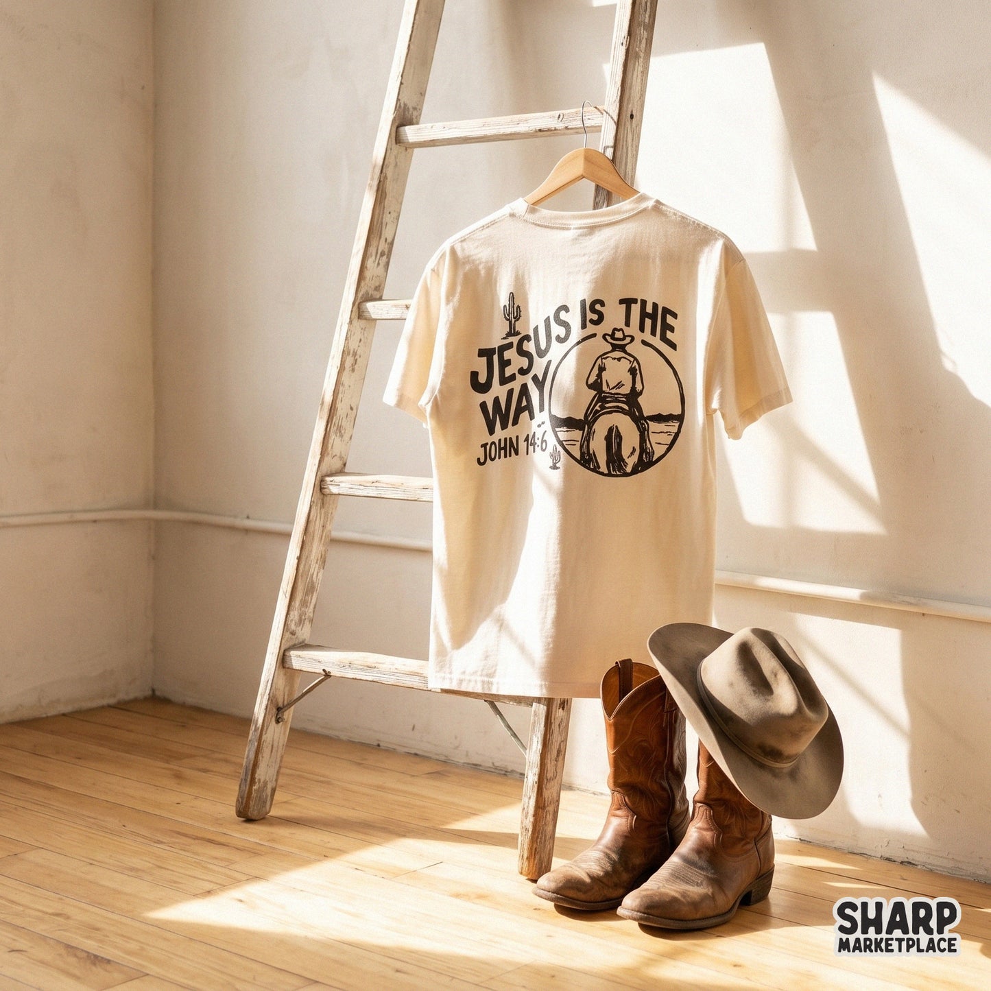 Faith-based western graphic with a hand-drawn cowboy and desert landscape, ideal for custom t-shirts, stickers, or religious wall art.