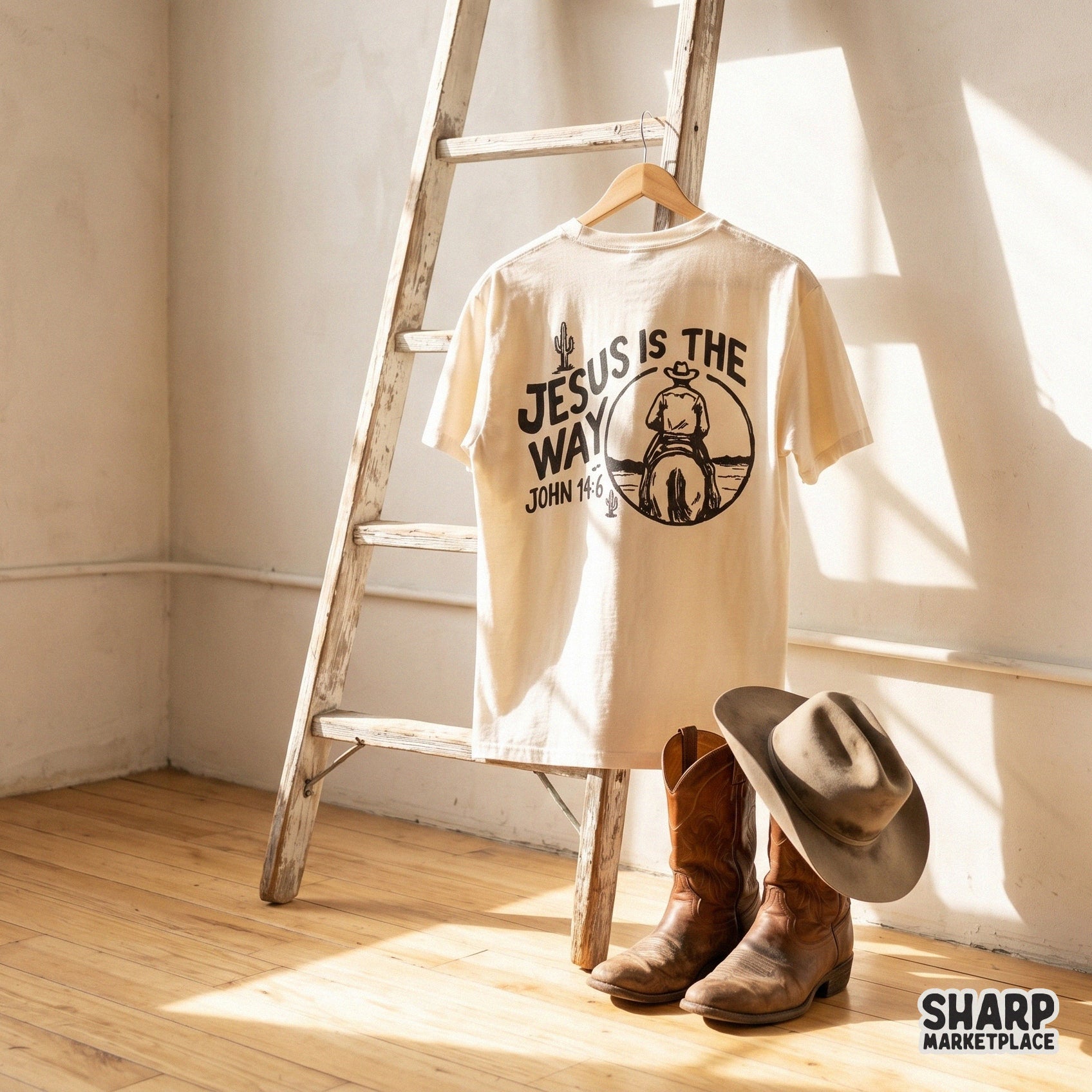 Faith-based western graphic with a hand-drawn cowboy and desert landscape, ideal for custom t-shirts, stickers, or religious wall art.