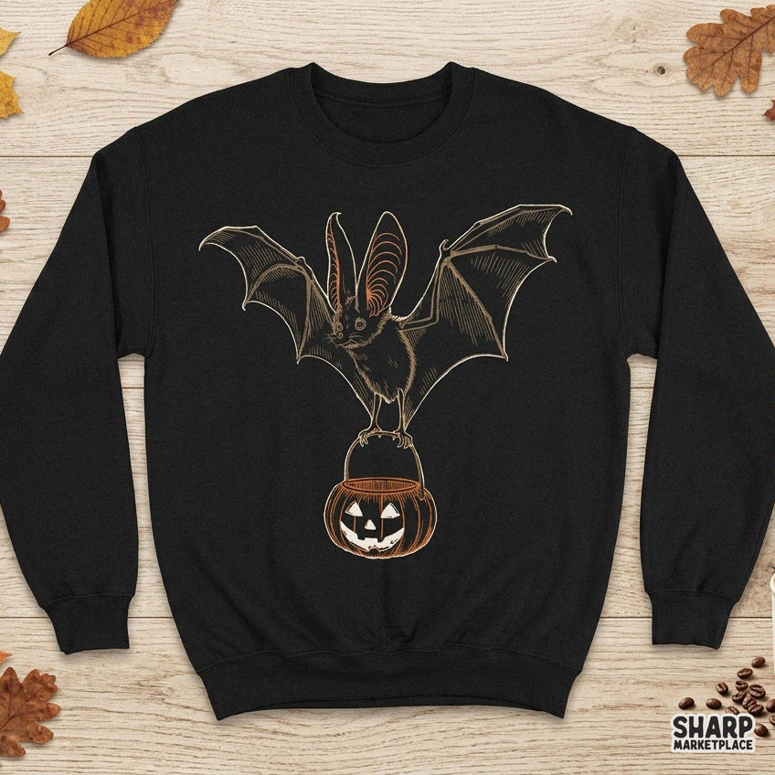 Vintage Halloween bat holding a jack o lantern pumpkin bucket retro PNG design for spooky season shirt sublimation
