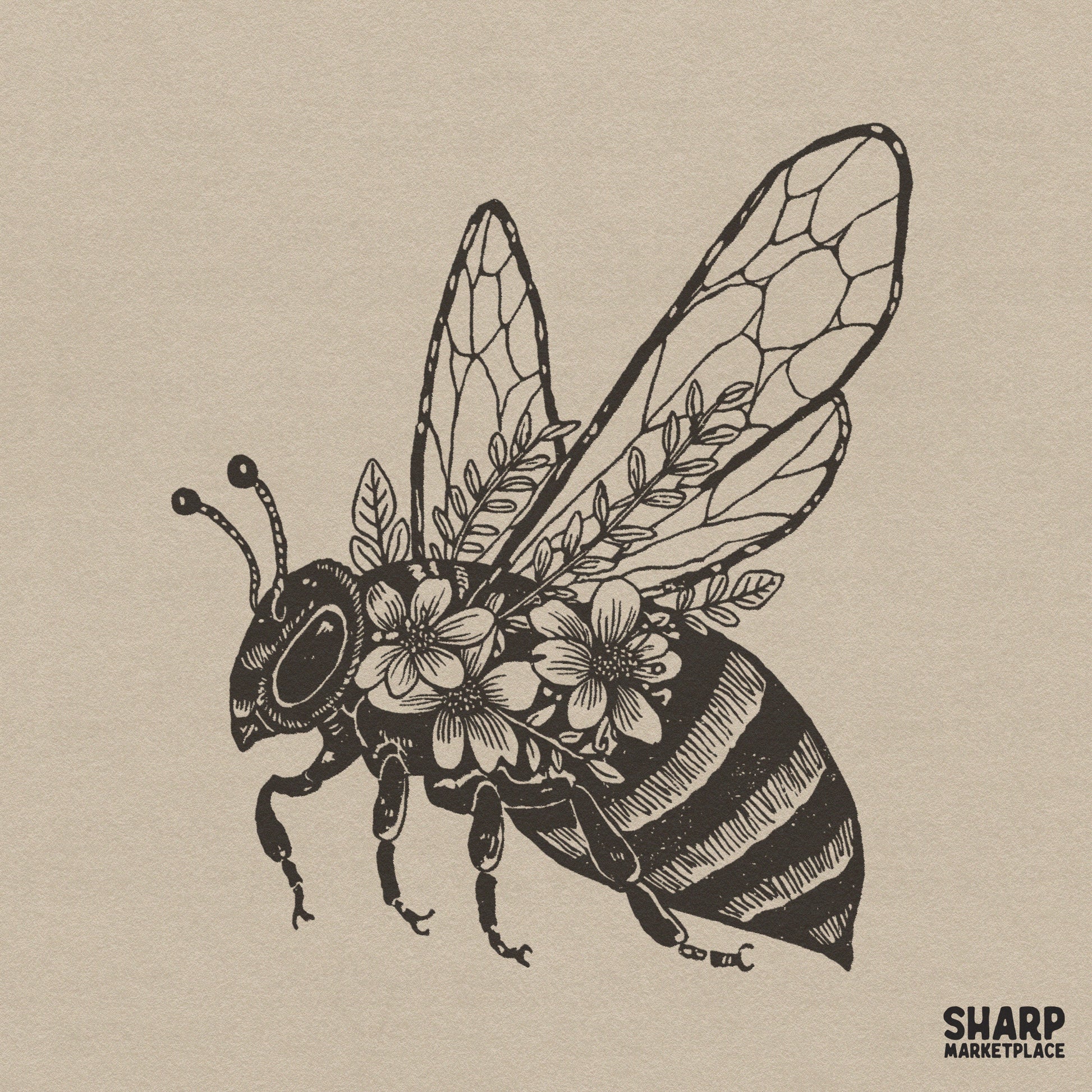 Vintage botanical floral bee sketch graphic for retro spring sublimation shirts