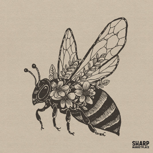 Vintage botanical floral bee sketch graphic for retro spring sublimation shirts