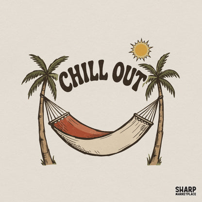 Retro summer design featuring a tan hammock between two palm trees under a yellow sun with arched Chill Out text for sublimation or apparel printing.