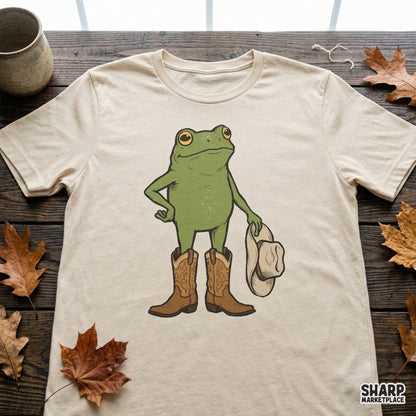 Cute retro green frog wearing cowboy boots holding a rodeo hat for western sublimation shirt designs