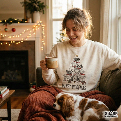 Merry Woofmas Christmas PNG sublimation design featuring a dog tree graphic for dog lovers and holiday t-shirts