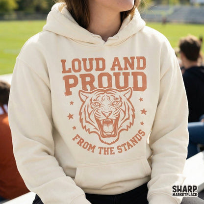 Retro sports themed digital design featuring a fierce tiger head and the quote Loud and Proud from the Stands, perfect for school spirit gear.