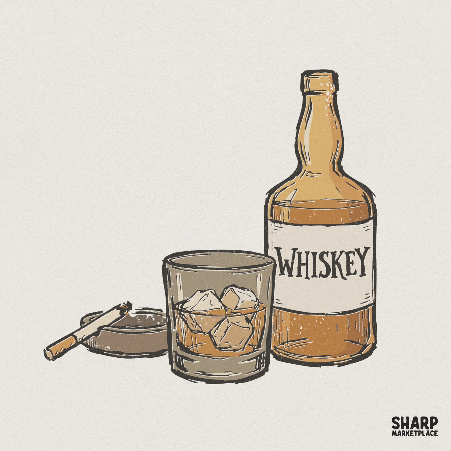 Whiskey Glass PNG, Whiskey Bottle Illustration - 300 DPI Design for T-Shirt