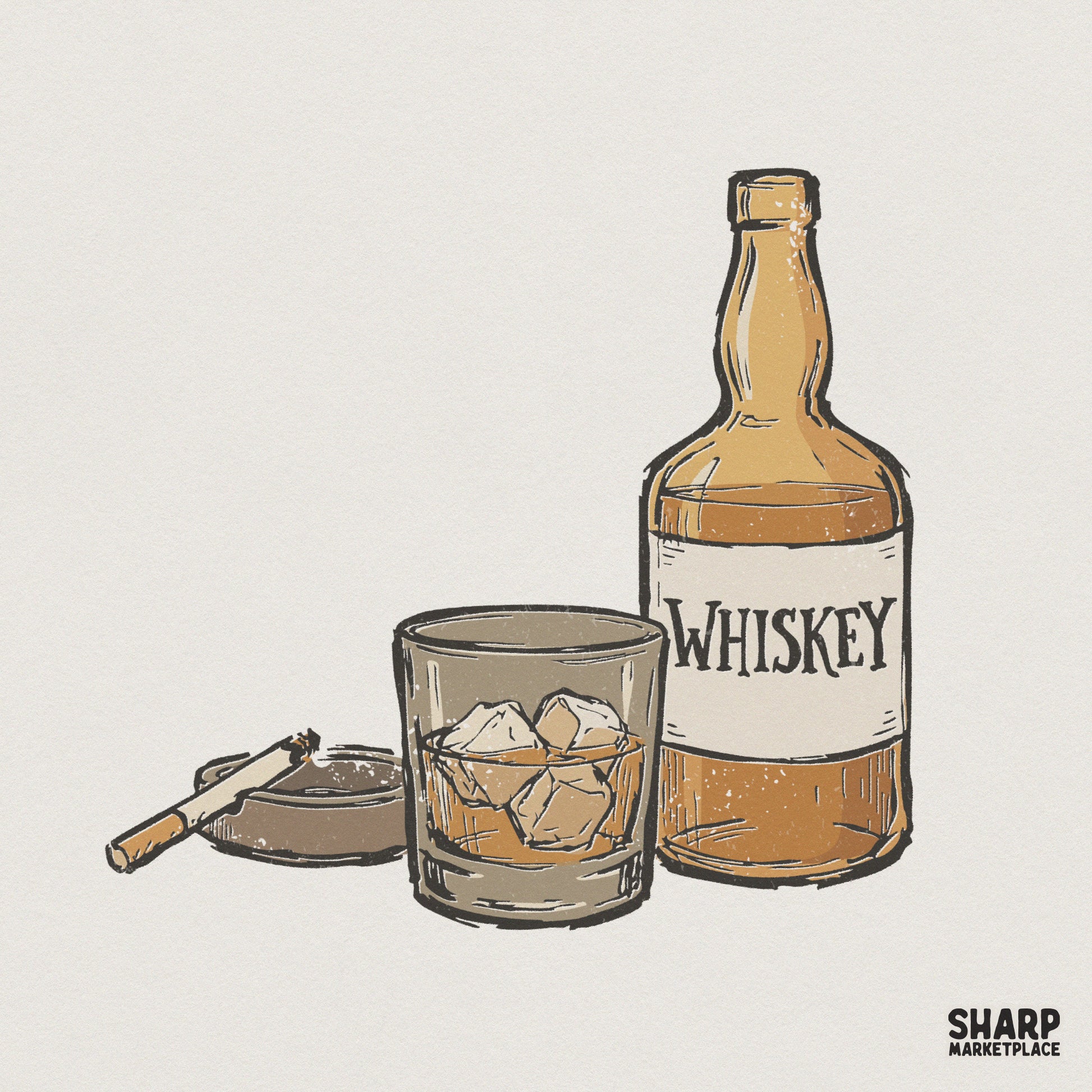 Whiskey Glass PNG, Whiskey Bottle Illustration - 300 DPI Design for T-Shirt