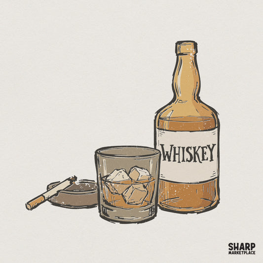 Whiskey Glass PNG, Whiskey Bottle Illustration - 300 DPI Design for T-Shirt