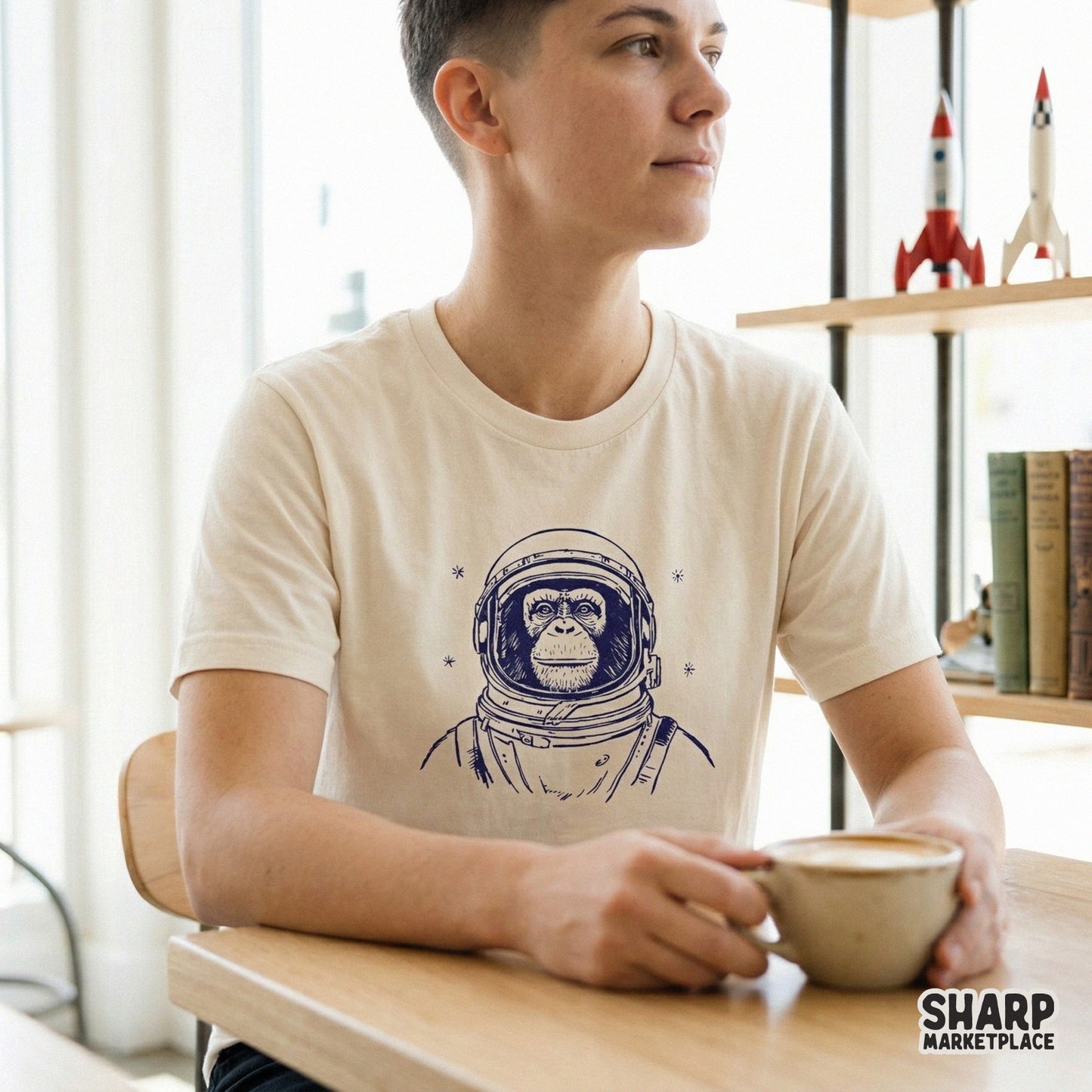 Detailed navy blue line art of a space-faring primate in a helmet, displayed as a graphic design on a neutral-colored t-shirt for a retro cosmic aesthetic.