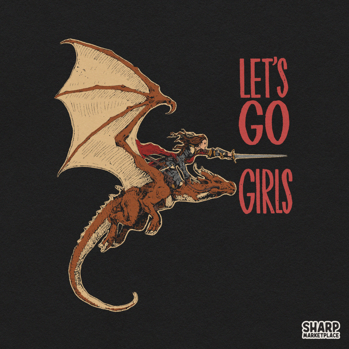 Let's Go Girls western cowgirl PNG sublimation design featuring a trendy dark aesthetic dragon rider for apparel